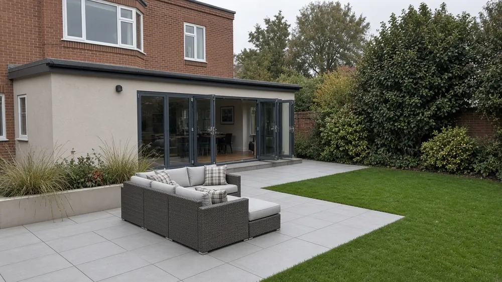 Example image: a light grey porcelain patio outside bi-fold doors on an extended semi, with a rattan corner sofa