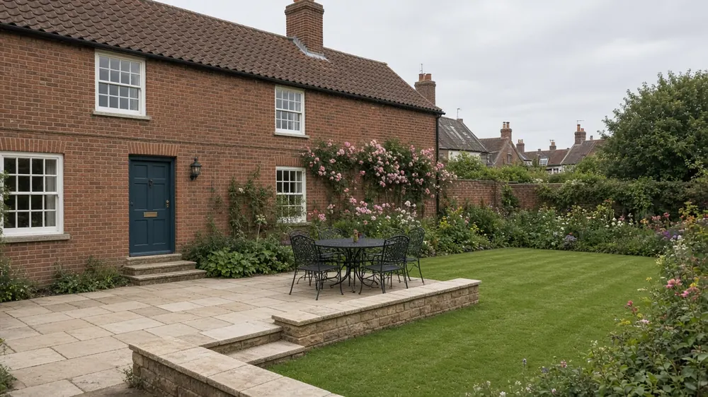 Example image: a sawn sandstone terrace and low stone wall behind a restored village house, with climbing roses