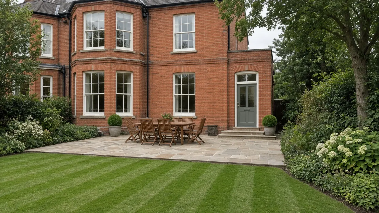 Example image: a generous sandstone terrace behind a large Victorian red-brick villa, with stone steps down from the back door and a teak dining set