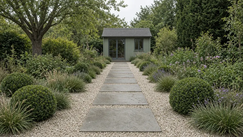 Example image: a sandstone stepping-stone path set in gravel leading through a planted garden to a garden room