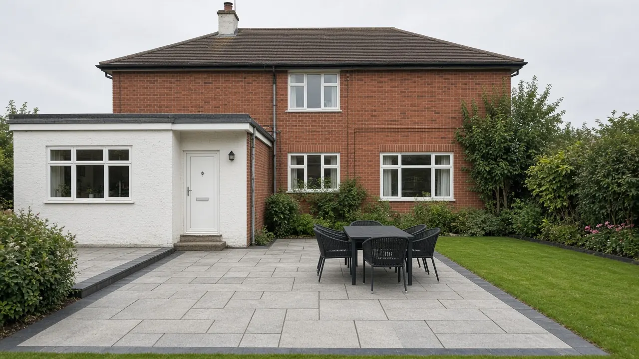Example image: a textured grey slab patio with a charcoal border and dining set behind a 1930s detached house