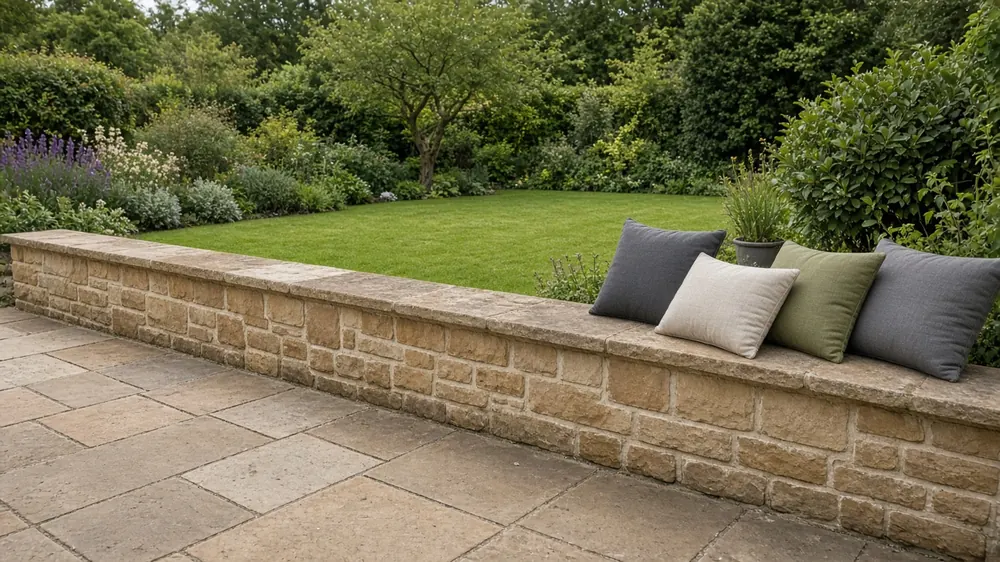 Example image: a low sandstone wall with a broad flat coping at the edge of a patio